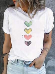 Camiseta de cuello redondo con estampado de gradiente de corazones, camiseta casual de manga corta para primavera y verano, ropa de mujer - Blanco - Ver 1