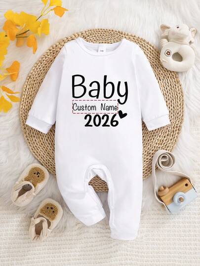 [Personalizado] Pelele con nombre y año personalizado impreso para bebé niña, mono de manga larga de cuello redondo informal, adecuado para niños y niñas pequeños, opción perfecta para exterior