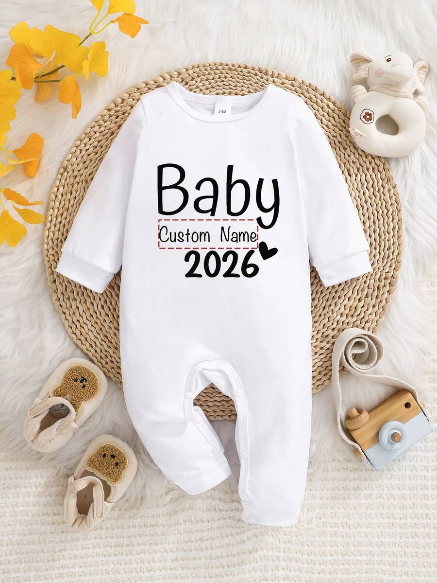[Personalizado] Mono de bebé niña con nombre y año impreso, mono de manga larga de cuello redondo casual, adecuado para niños y niñas pequeños, opción perfecta para exteriores, organizador de viaje - Blanco - Ver 1