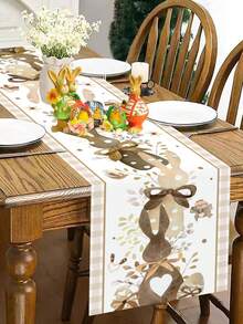 1pc Easter Bunny Table Runner, Coffee Brown Easter Eggs & Leaves Pattern Tablecloth, Seasonal Spring Kitchen Dining Table Decor, Holiday Party Outdoor Decoration, Happy Easter Home Decor, Farmhouse Style Gift, 13x70 Inches - Multicolor - View 7