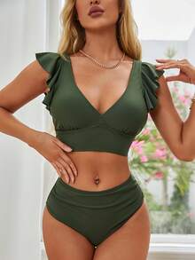 Conjunto de bikini bohemio con escote en V, mangas con volantes, nudo delantero y espalda descubierta para vacaciones de verano de mujer - Verde Oscuro - Ver 1