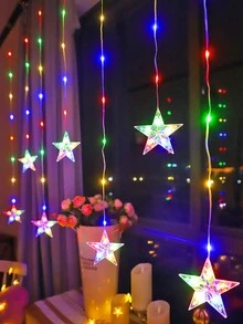 1pc 2m 82LED Cute Star Shaped Window Curtain Decor String Lights, Battery Powered Star Fairy Lights, Indoor Bedroom Wall Decor Lights, Wedding Party Holiday Decoration Lights - Clear - View 6