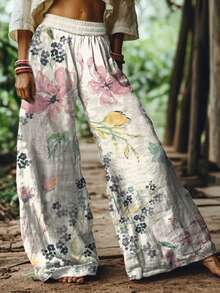 Watercolor Floral Wide Leg Pants Women - Elastic Waist Boho Casual Summer Trousers - Nhiều màu 1 - Xem 2