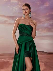 YISIKADO 缎面撞色亮片高低摆无肩带心形领口落肩女士舞会晚礼服毕业典礼婚礼宾客宴会 - 墨綠色 - 查看 4
