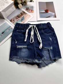 Quần short denim nữ có túi, kiểu dáng rách, dây rút co giãn, thích hợp mặc mùa hè. - Xanh đậm - Xem 6
