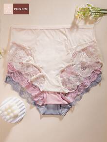 3 chiếc/gói - Quần lót nữ cỡ lớn màu trơn phối ren, thoải mái. - Nhiều màu - Xem 1