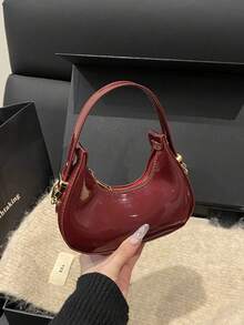 1个新款迷你时尚女士手提包，纯色纹理面料拼接，小巧口红包，简约别致百搭可爱新月包 - 酒紅色 - 查看 8