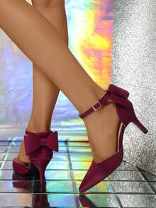 Green Satin Bow Pointed Toe Ankle Strap High Heel Shoes For Women, Spring/Autumn - Burgundy - View 5