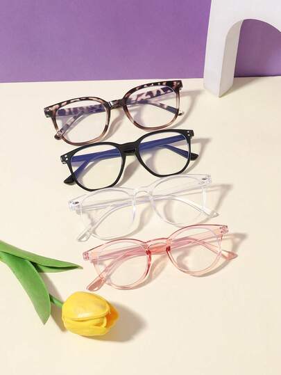 4pcs Boys' And Girls' 9-12Y Polycarbonate Tortoiseshell Colour Round Frame Computer Glasses Blue Light Blocking Lenses For Office Work Study