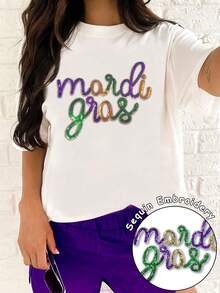 White Sequin Gras Carnival Blouse, Casual Women's Round Neck Short Sleeve T-Shirt - White - View 3