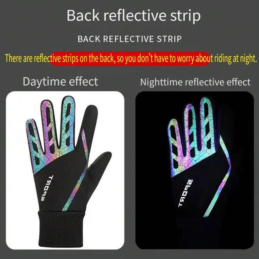 Motorcycle Gloves - Outdoor Sports, Featuring Glow-In-The-Dark Laser Reflective Design, Windproof & Waterproof, Thermal Lined For Warmth, Cycling Gloves, Universal Style - Black - View 1