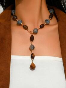 1条高品质棕色花卉灰色图案树脂珠拼接水滴吊坠Y型项链，新款圆形豹纹拼接金链Y型项链，适合女士派对、节日、假日、街头风、送给爱人的礼物、节日佩戴。每颗树脂珠的尺寸和颜色随机选择，树脂珠带有孔洞属于正常现象，敬请谅解。 - 彩色 - 查看 5