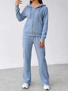 Conjunto de sudadera con capucha y cremallera para mujer -pantalones de pierna ancha, estilo casual y moderno, ideal para múltiples ocasiones. Tela suave y transpirable, diseño con detalles en negro y oro, - Azul - Ver 2