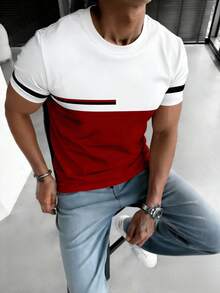 GRDR 1pc Men's Casual Round Neck Colorblock Short Sleeve T-Shirt, Business Style, Summer - Red - View 3