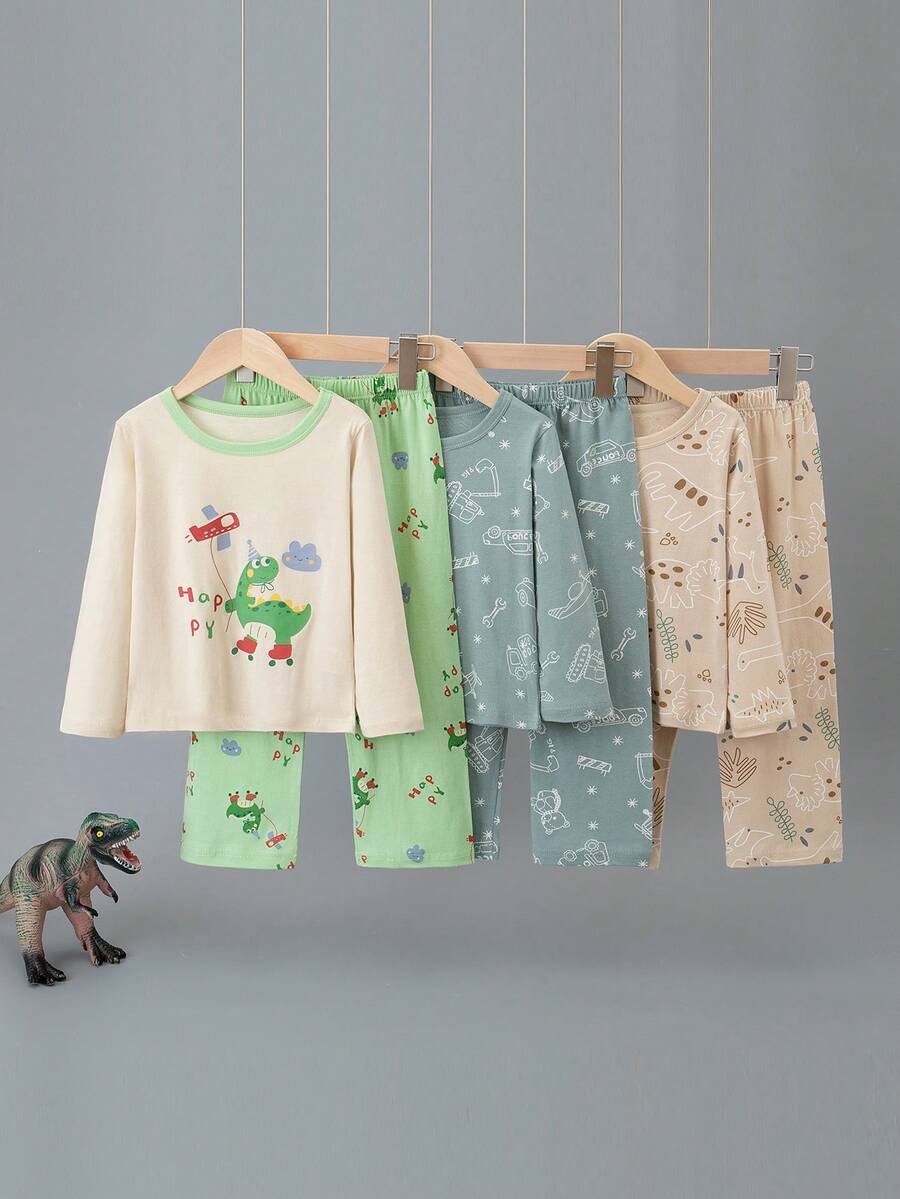 Bộ đồ ngủ 6 món cho bé trai, in hình phi hành gia, máy xúc và khủng long hoạt hình, gồm áo dài tay và quần dài, thích hợp cho mùa xuân/thu. - Nhiều màu - Xem 1