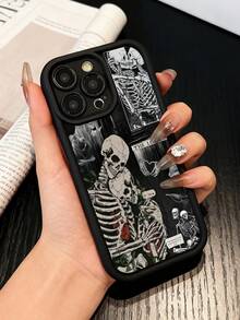 Skeleton Lovers Phone Case, Gothic Style, Phone Case For IPhone 17 Pro Max 17 Air 17Pro 16 15 14 13 12 11 Pro Max, Skeleton Couple Gift, Dark Romantic Design, Gothic Skeleton Theme, Love And Death, Romantic Skeleton Lover Present, Skull And Rose Artwork - 黑色 - 查看 2