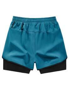 1pc Solid Color Sports Shorts, Anti-Chafing Lightweight, Double Layer Unisex Couple Shorts For Running, Outdoor, Gym, Spring/Summer - Blue - View 5