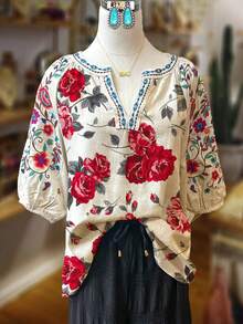 Boho Floral Print Blouse: V-Neck Puff Sleeve Top With Contrast Trim And Adjustable Drawstring Hem For Casual Vacation And Daily Wear For Women. - 混合色 - 查看 1
