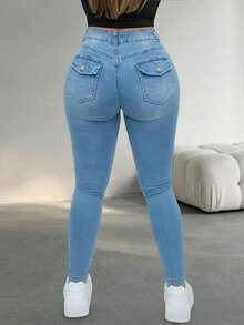 Women's Casual Slim-Fit Denim Jeans, Medium Stretch Fabric, Full Length, With Button And Zipper Pockets, Suitable For Spring And Summer - Blue - View 5