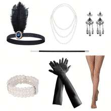 1920s Flapper Party Dress: Sequin Fringe Headband, Layered Pearl Necklace + Long Gloves, Recreating The Exuberance And Elegance Of The Jazz Age - Multicolor - View 5