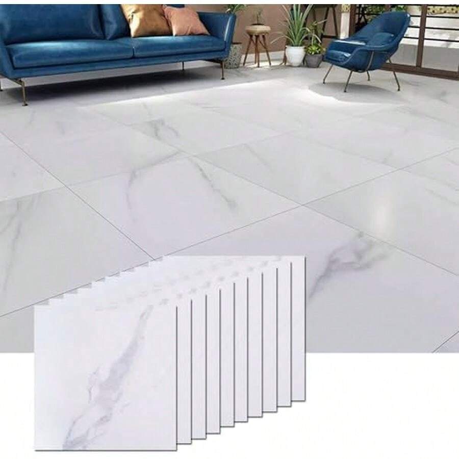Piso Vinilico Autoadherible, 10 pcs Pisos PVC Autoadheribles, 30 X 30CM, Impermeable y resistente al calor, Azulejos Autoadhesivos de Vinilo, Resistente a Rayones, Apto para Salón, Cocina (Blanco-10) - Blanco-10 - Ver 1