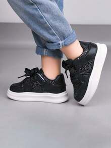 1 Pair Unisex Glitter Flat Sneakers, Soft Sole Non-Slip Infant Casual Walking Shoes, Fashion Versatile Children Outdoor Running Shoes, Suitable For All Seasons - Black - View 1