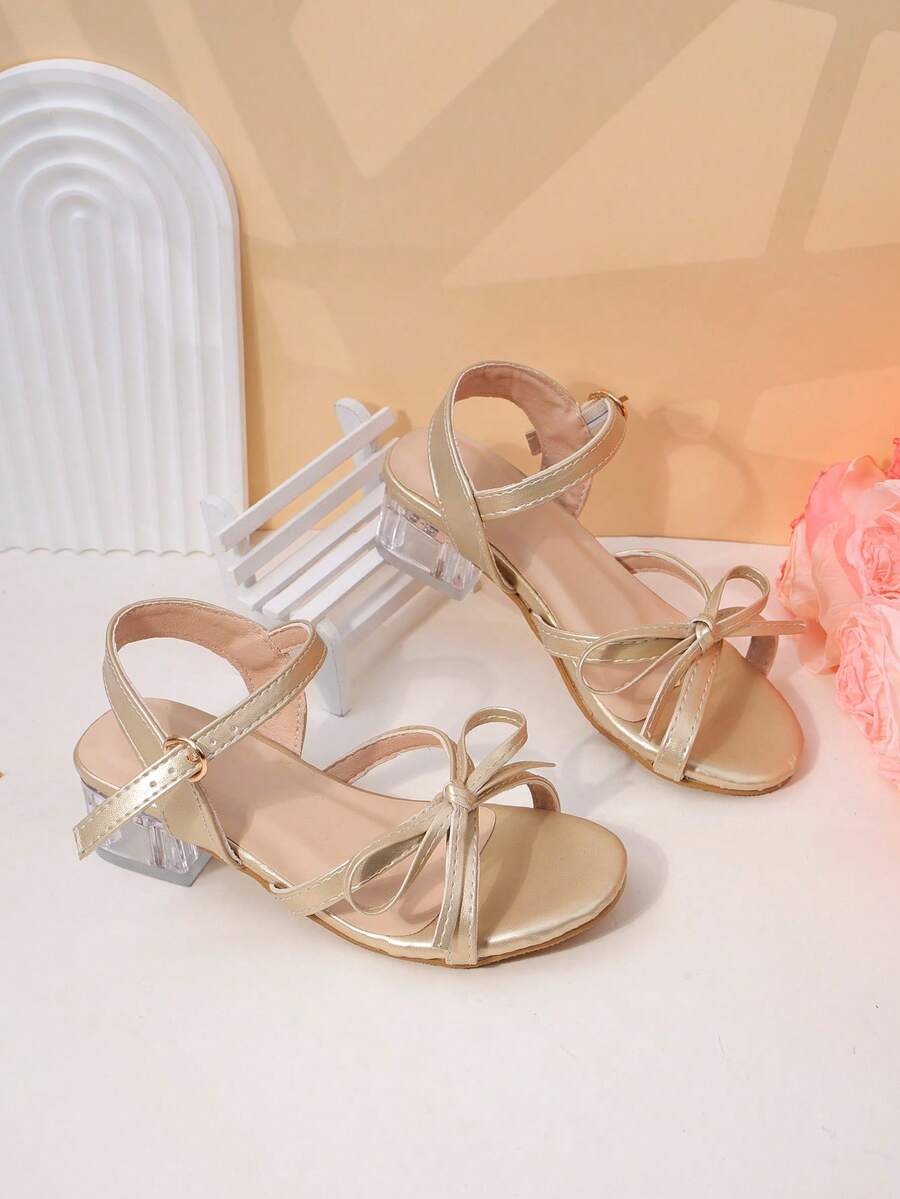 New Arrival! Girls' Gold Sequin High Heel Sandals, Transparent Square Heel Princess Shoes, Non-Slip Strap - Gold - View 1