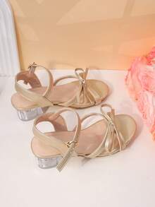 新品上市！女童金色亮片高跟凉鞋，透明方跟公主鞋，防滑鞋带 - 金色 - 查看 3