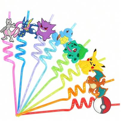Pokémon Pikachu Themed Colorful Reusable Drinking Straws, Baby Party Toys, Children's Drinking Straws, Birthday Party Decorations & Gifts