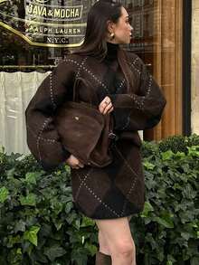 Elegant Women Vintage Rhombus Pattern Skirt Set, Suitable For Autumn/Winter - 棕色 - 查看 5