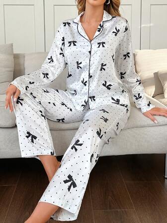 Dampyjamas 2-delat set Lounge-set Brudpyjamas Brudtärnepyjamas Lounge-set Långa ärmar Långa byxor Kofta Slagslag Höstpyjamas Söt Rosett