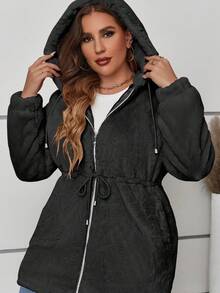 Plus Size Women Faux Fur Jacket, Fuzzy Felt Hat, Cinched Waist, With Pockets, Suitable For Autumn & Winter - Black - View 6