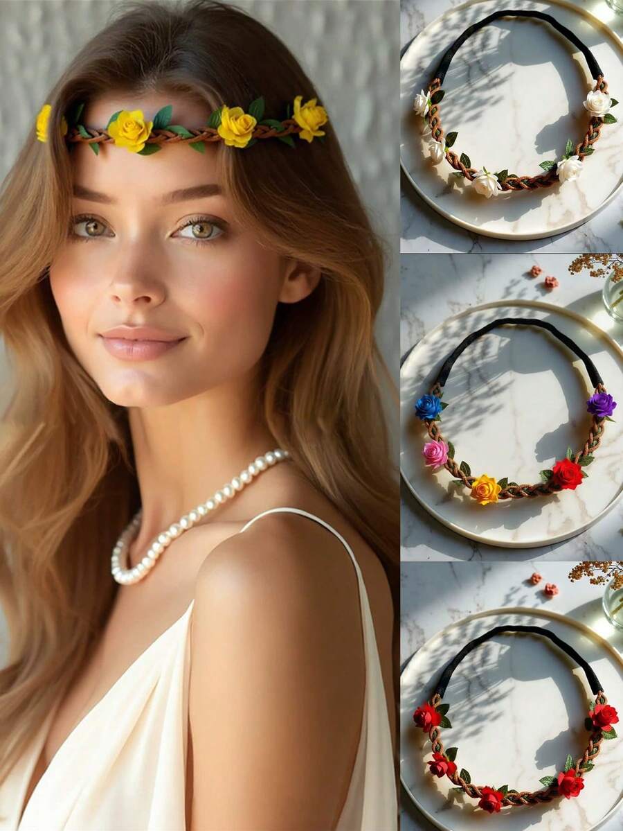 1 Stück farbenfroher Rosenblumenkranz, das beste Valentinstags-Geschenk für Frauen & Mädchen, Rosengeflochtenes Stirnband, elastisch dehnbar, Braut-Party Haarschmuck, Boho Urlaubsstil, Krone, Frauen Festival Haarschmuck, Kronen, Tiara, Kostümkrone, Haarreif Valentinstag Muse, Braut, Hochzeit - Verschiedenfarbig - Übersicht 1