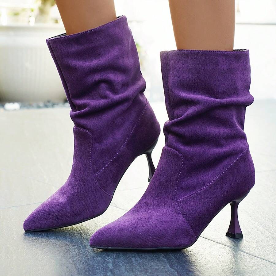 Giày bốt nữ mùa Thu/Đông mới, màu trơn, xếp ly, chất liệu nhung, cao đến giữa bắp chân, mũi nhọn, gót cao thanh lịch, thời trang, đa năng cho công sở và hẹn hò. - Màu tím - Xem 1
