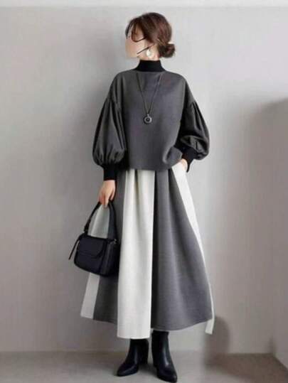 セットアップ レディース ｔシャツ+ストライプスカート フレアスカート 長袖トップス ブラウス 2点セット 上下セット バイカラー ギャザ カジュアル 可愛い オシャレ ゆったり 20代 30代 40代 50代 春秋冬