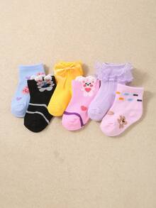 24/12/6 双装卡通蕾丝婴儿短袜，图案包括兔子、熊、蝴蝶结、条纹、波点和蝴蝶结；幼儿女童洛丽塔风格袜子，多种款式，双层蕾丝，超级柔软弹力舒适，适合日常穿着；0-36 个月，四季皆宜，公主风；婴儿袜，女童袜，洛丽塔袜，卡通袜，蕾丝袜；女童礼盒套装，生日礼物，返校必备系列 - 彩色 - 查看 6