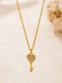 Colar Banhado a Ouro 18K de Aço Inoxidável com Pingente de Chave e Cadeado Decorado com Cubic Zircônia, Corrente Delicada para a Clavícula, Presente de Joias da Moda para Mulheres - Ouro amarelo - Visão 10