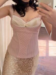 Women Fairy Grunge Tank Tops Vintage Aesthetic Mesh Trim Cami Shirt Slim Fit Knit Ribbed Coquette Clothes - 粉色 - 查看 2