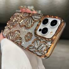 Glitter Electroplated Retro Personalized Hollow Three-Dimensional Oil Painting Flower Anti-Drop TPU Dopamine Case Suitable For IPhone Models IPhone11, IPhone13, IPhone14proMax, IPhone14, IPhone15, IPhone15proMax - 金色 - 查看 13