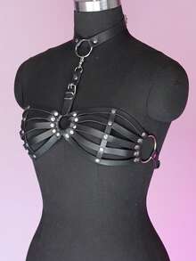 Punk PU Leather Cage Bra Harness, Fashion Chest Harness For Women, Accessories For Party Dating Harness Belt. - 黑色 - 查看 3