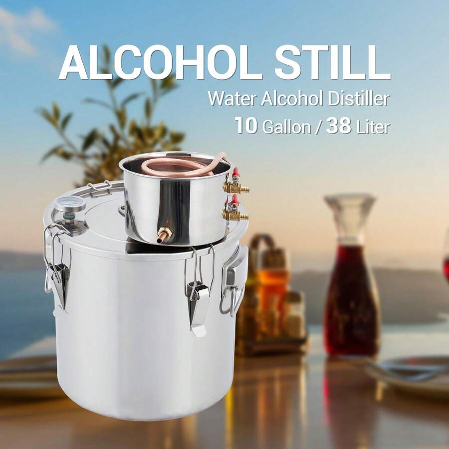 Kit de destilador de alcohol profesional de acero inoxidable: sistema de 2 recipientes de 10 galones con tubos de cobre, termómetro integrado y bomba de agua. Elaboración casera de whisky, vino y brandy. - Plateado - Ver 1