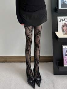 Collants transparents de couleur unie ajourés, bas résille sexy pour femmes, options en noir - Multicolore - Voir 3
