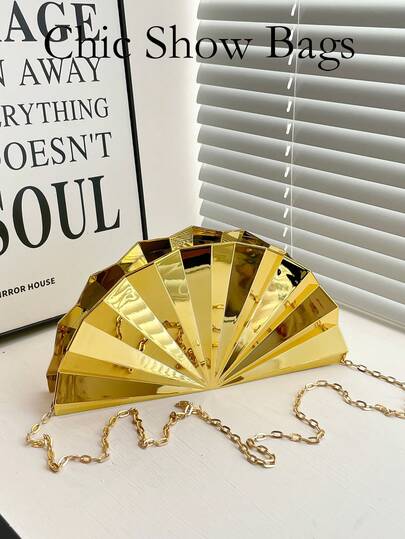 One Women's Stylish Metallic Folding Fan-Shaped Bag, A Chain Shoulder/Crossbody Bag, A Casual And Versatile Evening Bag, Suitable For Various Occasions Such As Going Out, Traveling, Shopping, Commuting, Gifting, And Parties.