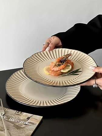 1 pieza Plato cerámico vintage asimétrico con rayas, plato decorativo de vajilla para uso doméstico, plato de ensalada/postre estilo occidental con rayas en relieve, apto para bistec, pastel, servir en fiestas, hogar, restaurante, cafetería, regalo