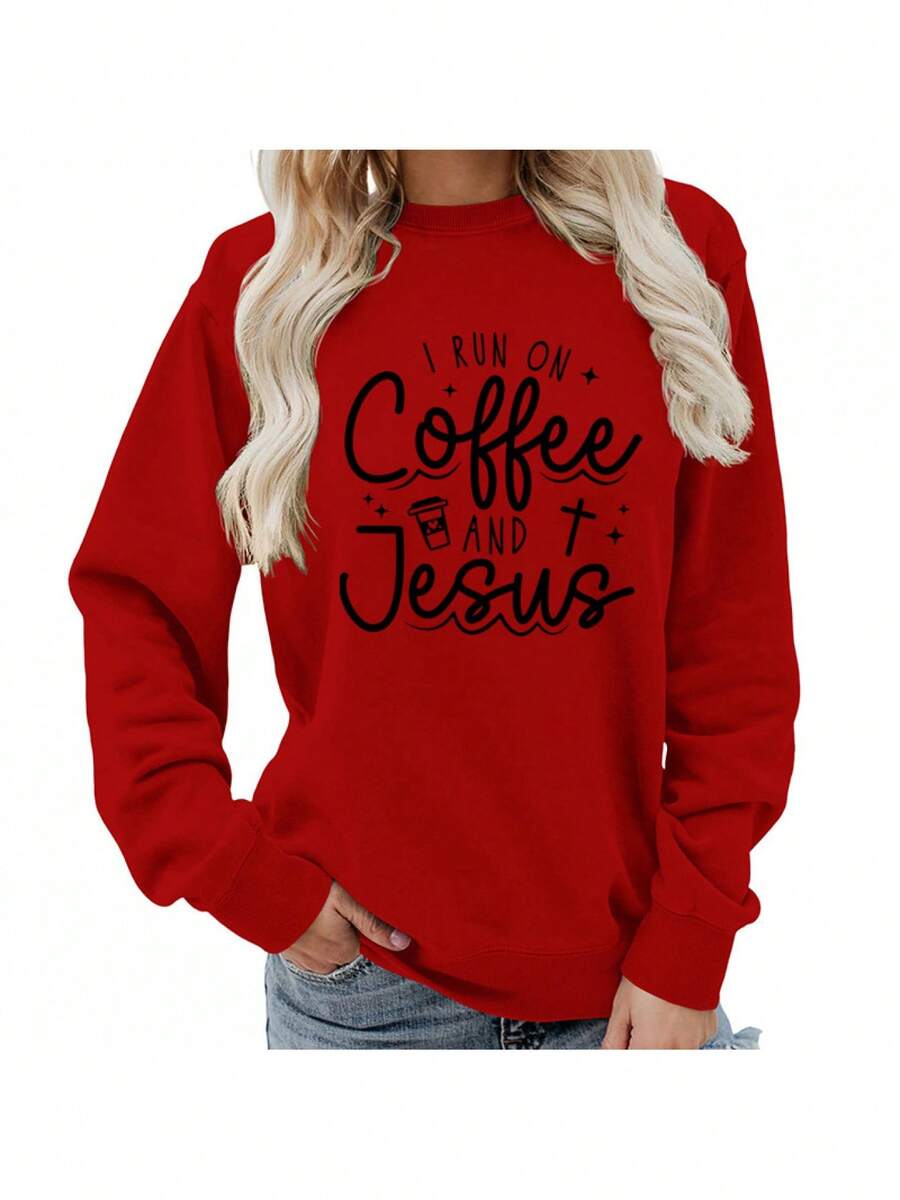 Women'S Coffee Print Crew Neck Sweatshirt - Soft Long Sleeve Pullover With "I Run On Coffee " Slogan, Cozy Casual Fall Winter Sweater For Home, Dates & Daily Outfits, Christian Faith Apparel, Relaxed Fit Round Neck Topgifts For Mom-Free Shipping - 紅色 - 查看 1