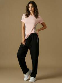 2pcs Women's Activewear Set, Mesh Panel Short Sleeve Tee & Drawstring Joggers With Zipper Pockets, Running Suit - Pink - View 5