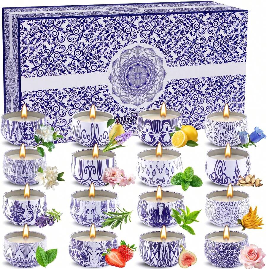 Velas Aromáticas de Soja 100% Pura - Juego de 16 en Lata con Diferentes Aromas para Relajación, Meditación y Yoga - Regalo para Mujer en Cumpleaños o Aniversario - Rojo - Ver 1