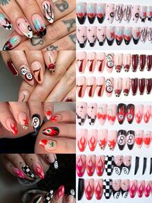 Bộ 96 móng giả acrylic kiểu Pháp hình quả hạnh dài, họa tiết số 8, da báo, ngọn lửa, sọc, quả anh đào và ngôi sao, vừa vặn hoàn hảo cho móng ngắn, thiết kế ngôi sao lấp lánh và mùa thu cho tiệc tùng, khiêu vũ và sử dụng hàng ngày. - Nhiều màu - Xem 8