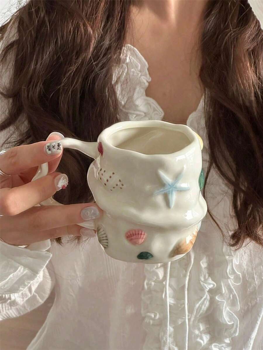 Cană ceramică lucrată manual, cu design 3D asimetric și forme organice, inclusiv cană de apă din ceramică glazurată și cană de cafea cadou creativ cu tematică oceanică, potrivită ca și cadou pentru Ziua Îndrăgostiților, ziua de naștere, nunta și Ziua Mamei - Multicolor - Vizualizare 1
