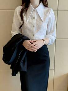 French Pointed Collar Blouse For Women, Spring & Autumn New Arrivals, Pleated Design Textured Undershirt, High-End Long Sleeve Top White - White - View 2